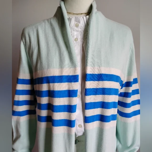 Talbots Cotton Cashmere Open Cardigan Stripe Blue Aqua Classic Size Large - Picture 3 of 15